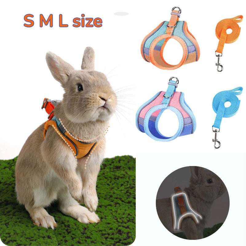 Double Buckle with Reflective Strips Rabbit Vest Adjustable Bunny Harness and Leash Set Pets Stuff Suitable for Rabbit Walks S M