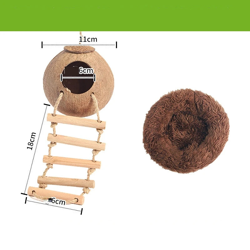 Bird Coconut Shell Nest with warm pad Nesting Hamster Habitat Guinea Pig Bedding Climbing Ladder Slide Parrot The Slide Wood