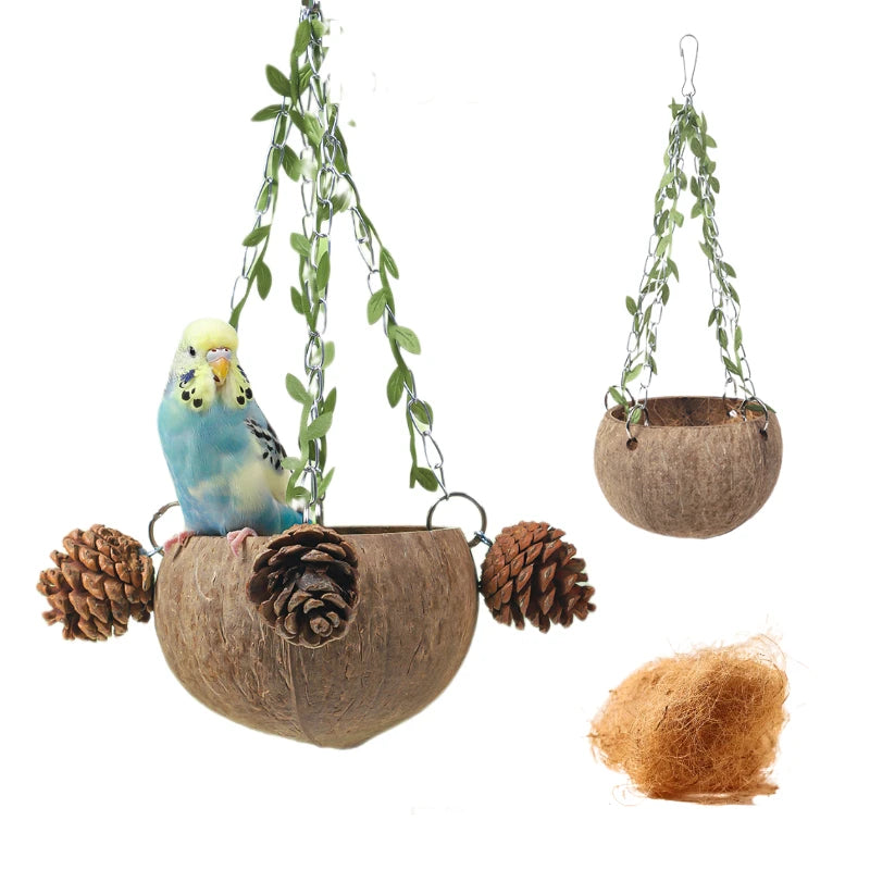 Bird Natural Coconut Nest with pinecone Sugar Glider Hanging Swing Toy for Small Bird Parrot Parakeet Cage Sleeping Bird Bed