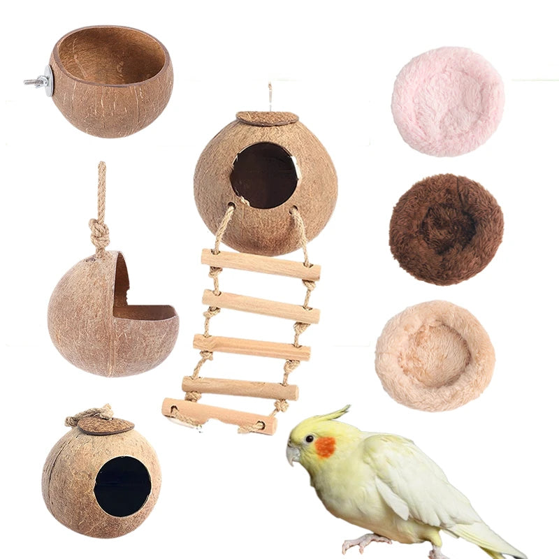 Bird Coconut Shell Nest with warm pad Nesting Hamster Habitat Guinea Pig Bedding Climbing Ladder Slide Parrot The Slide Wood