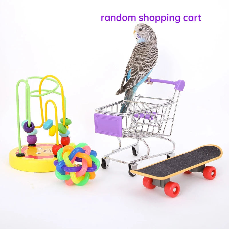 Parrot Toys Kit Pet Bird Skateboard Ball Mini Shopping Cart Foraging Training Rings Educational Puzzle Playing Toy