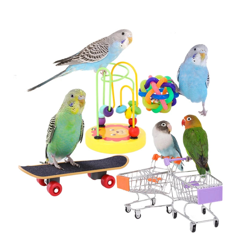 Parrot Toys Kit Pet Bird Skateboard Ball Mini Shopping Cart Foraging Training Rings Educational Puzzle Playing Toy