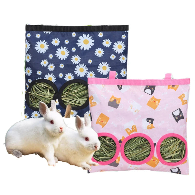 Hanging Hay Bag with hooks for Bunny Guinea Pigs Small Animal Feeder Rabbit Food Dispensers Bag Pet Feeding Bag 3 Holes