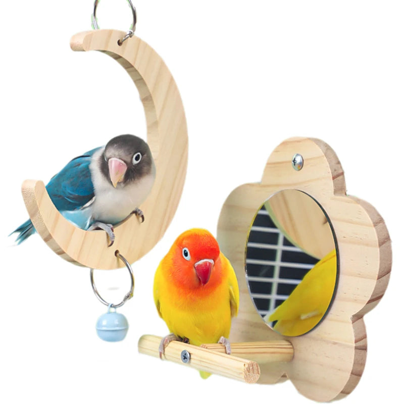 Wooden Bird Perch Natural Wood Bird Perch Stand with Mirror Parrots Platform Cage Accessories Branch Perch Rod Stand