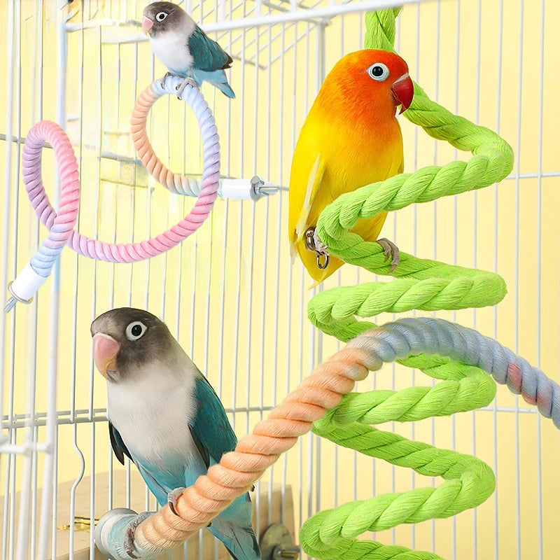 Gradient Color Bird Spiral Rope Perch Bird Rope Swing Perch Bird Cage Stand Pole Bird Standing Climbing Toy for Parrot Parakeet