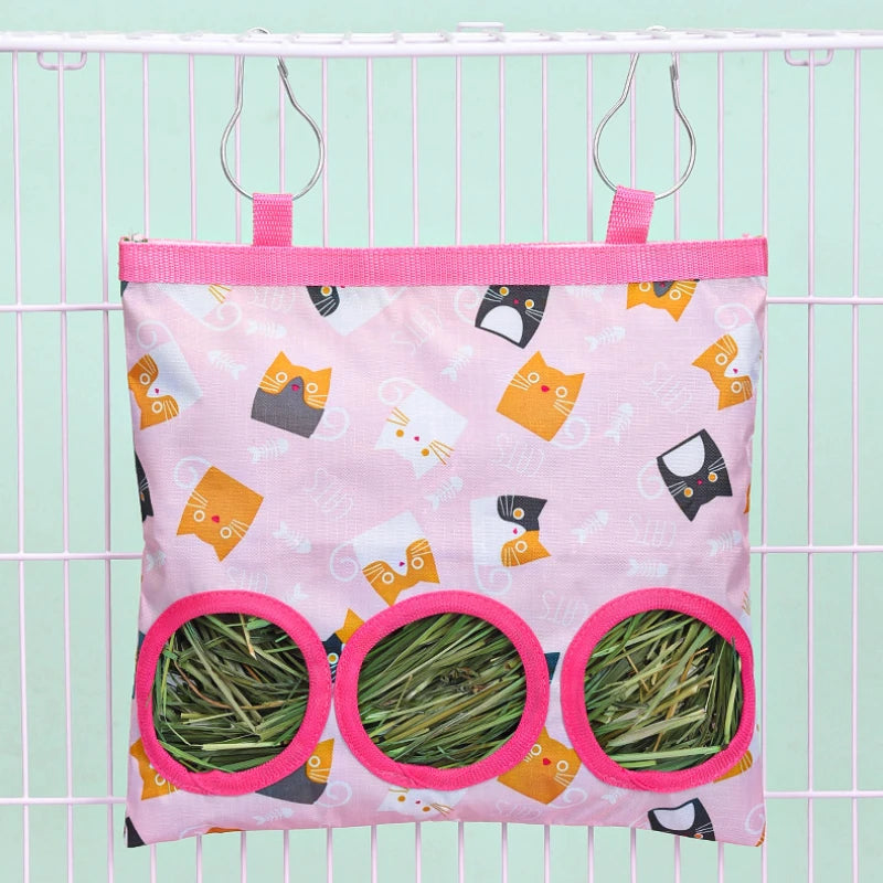 Hanging Hay Bag with hooks for Bunny Guinea Pigs Small Animal Feeder Rabbit Food Dispensers Bag Pet Feeding Bag 3 Holes